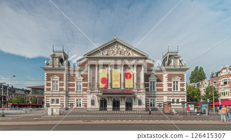 Hyperlapse of the Royal Concert Hall in Amsterdam, built in neoclassical style. Amsterdam, The Netherlands Hyperlapse of the Royal Concert Hall in Amsterdam, built in neoclassical style. Amsterdam, The Netherlands 126415307