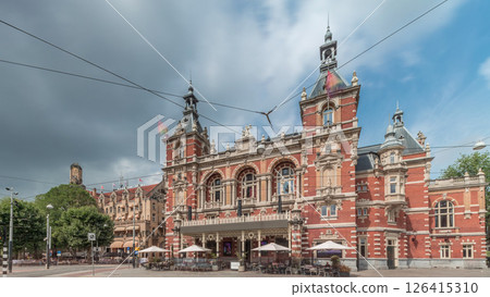 Hyperlapse of the International Theater Amsterdam with people walking on Leidseplein. Netherlands Hyperlapse of the International Theater Amsterdam with people walking on Leidseplein. Netherlands 126415310