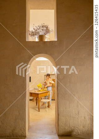 Morning Stillness in a Stone Kitchen Morning Stillness in a Stone Kitchen 126415435