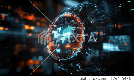 Futuristic smartwatch display showcasing holographic global map and digital data visuals 126415478