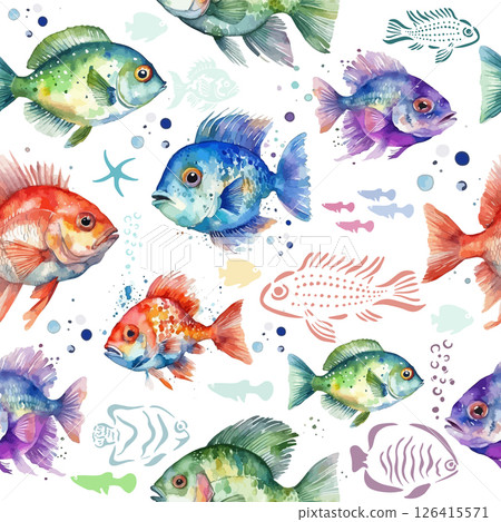 Seamless fish background in watercolor. hand drawn. Not AI, Vector illustration 126415571