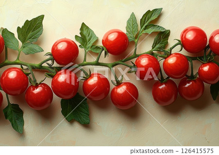 Fresh red cherry tomatoes on vine against textured light background 126415575