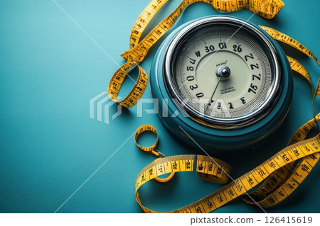 Vintage Weight Scale with Yellow Tape Measure on Blue Background Vintage Weight Scale with Yellow Tape Measure on Blue Background 126415619