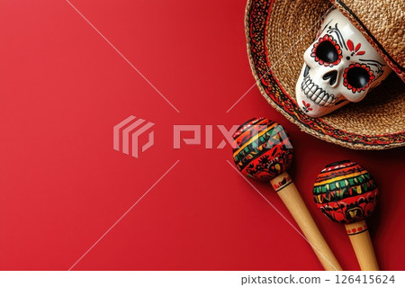 Mexican skull with sombrero and maracas on vibrant red background 126415624