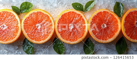 Freshly cut grapefruit slices with vibrant colors and green leaves on ice 126415653