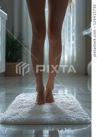 Close-up of legs standing on a soft white mat in natural light Close-up of legs standing on a soft white mat in natural light 126415730