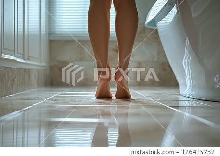Close-up of bare feet standing on reflective tiled bathroom floor 126415732