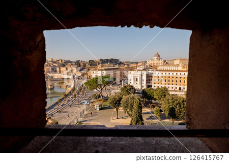 Morning View of St. Peters Basilica Framed by Castle Walls Morning View of St. Peters Basilica Framed by Castle Walls 126415767