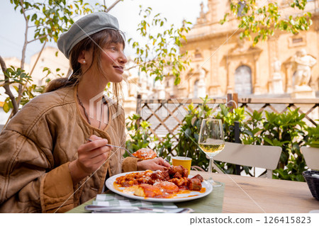 Traditional Sicilian lunch with wine in Modica Traditional Sicilian lunch with wine in Modica 126415823