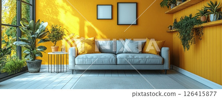 Modern living room with yellow walls, cozy sofa, and indoor plants 126415877
