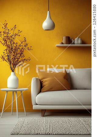 Minimalist living room with modern furniture and vibrant yellow accents 126415880