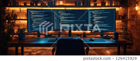 Modern workspace with dual monitors and warm ambient lighting 126415929