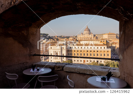 Morning View of St. Peters Basilica Framed by Castle Walls 126415962