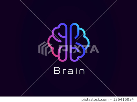 Brain logo design, glowing neon neural style lines icon for AI systems, neural networks, smart tech, innovative science and medicine branding. Vector illustration. 126416054