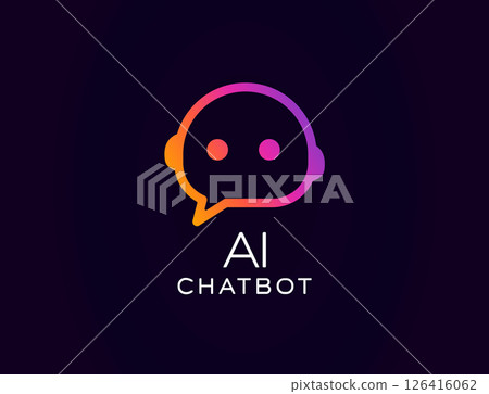 AI chatbot logo with cute robot face inside speech bubble, glowing gradient style. Great for customer support bots, smart virtual assistants, tech branding. Vector illustration. 126416062