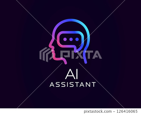 AI assistant logo with human head silhouette and chat bubble inside, symbolizing communication and intelligence. Great for virtual agents, tech tools, smart UI. Vector illustration. 126416065