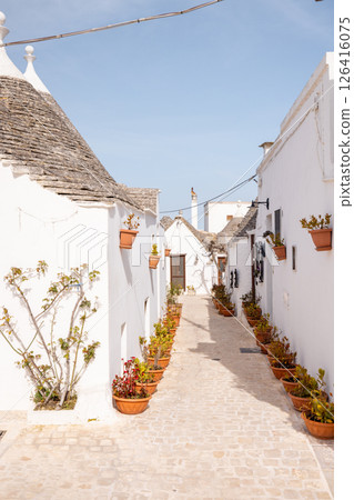 Trulli alley with flower pots in Alberobello 126416075