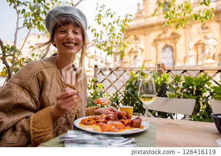 Traditional Sicilian lunch with wine in Modica Traditional Sicilian lunch with wine in Modica 126416119
