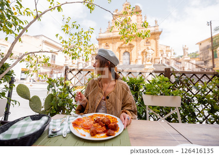 Traditional Sicilian lunch with wine in Modica Traditional Sicilian lunch with wine in Modica 126416135