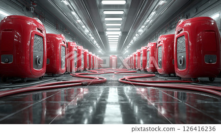 Industrial vacuum cleaners at a facility, installed in a row in a maintenance room 126416236