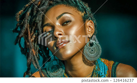 Dark-skinned woman with elegantly styled dreadlocks, bright makeup and large earrings on a dark background 126416237