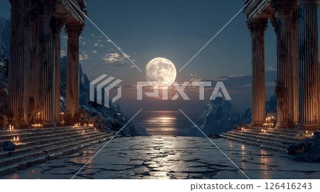 Full moon framed by ancient ruins under a midnight sky Full moon framed by ancient ruins under a midnight sky 126416243