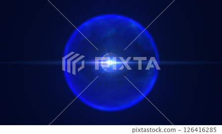 Futuristic glowing energy sphere emitting radiant blue light on a dark background, with lens flare effects and soft gradient edges 126416285