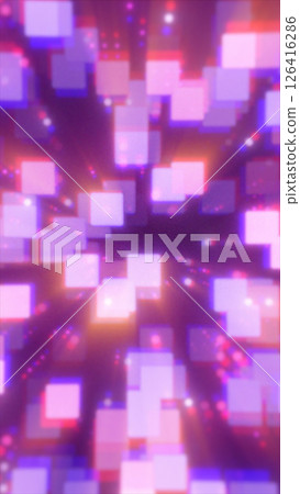 Abstract glowing cubes and pixel shapes in motion, forming a vibrant digital tunnel in pink and purple hues 126416286