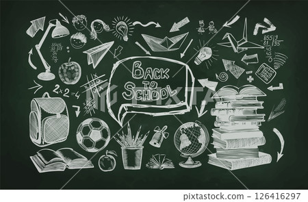 Welcome back to school horizontal banner, chalk drawing on school board, vector illustration. Handmade, not AI Vector illustration Welcome back to school horizontal banner, chalk drawing on school board, vector illustration. Handmade, not AI Vector illustration 126416297