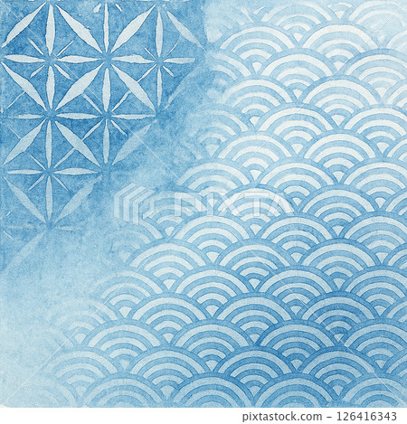 靛藍波浪和麻葉圖案的日式水彩背景-傳統日本圖案 靛藍波浪和麻葉圖案的日式水彩背景-傳統日本圖案 126416343