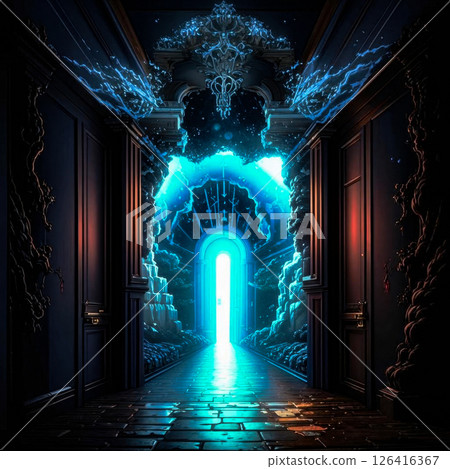 Doors to the unknown. Before the open doors to the unknown. AI generated. 126416367