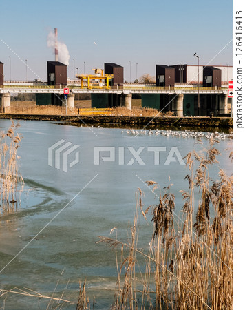 While smoke rises behind, visual clash of industry and wildlife, clash between beauty and damage, clash draws viewer into ecological tension. Industry looms over nature. Factory stands over calm river While smoke rises behind, visual clash of industry and wildlife, clash between beauty and damage, clash draws viewer into ecological tension. Industry looms over nature. Factory stands over calm river 126416413