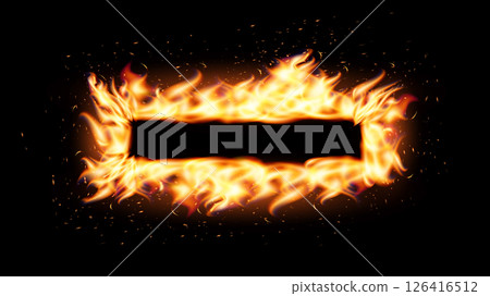 Burning rectangular fire frame with glowing flames and sparks on black background. Ideal for dramatic banners, warning signs, energetic promo visuals. Vector illustration. 126416512