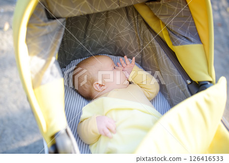 Newborn baby sucks his thumb and falls asleep Newborn baby sucks his thumb and falls asleep 126416533