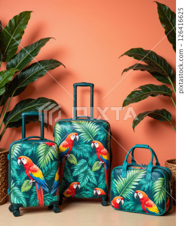 a large selection of different travel suitcases on wheels with a print of tropical parrots 126416625