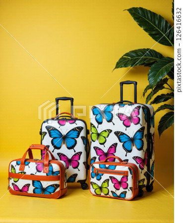 collection of travel bags and suitcases on wheels for traveling with a print of colorful butterflies 126416632
