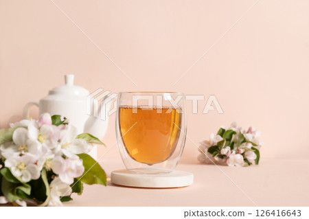 Black Chinese Tea Setting with blossom white apple flowers. 126416643