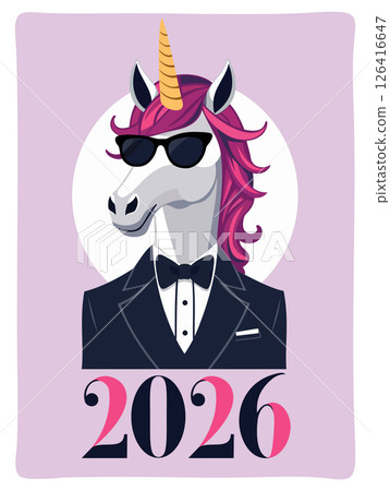 2026. Chinese Year of the Horse. Handsome unicorn in sunglasses and festive suit with bow tie 126416647