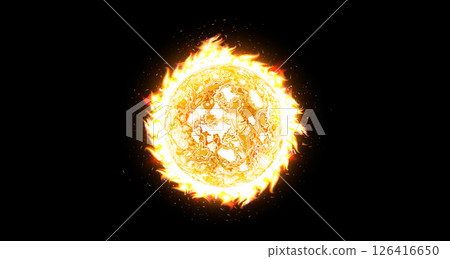 Burning fireball or solar sphere with intense flames and glowing energy on black background for scifi covers, cosmic designs, warming infographic. Hot sun BG. Vector illustration Burning fireball or solar sphere with intense flames and glowing energy on black background for scifi covers, cosmic designs, warming infographic. Hot sun BG. Vector illustration 126416650