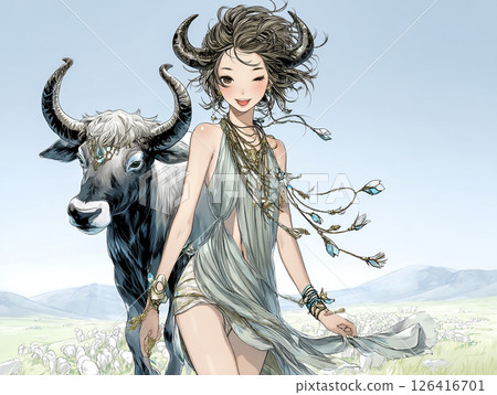 Illustration material of a smiling bison fairy walking through the grassland 126416701