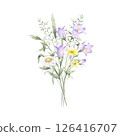 Bouquet of watercolor wildflowers bellflower, chamomile, buttercup and meadow grasses. Hand drawn isolated illustration of yellow and lilac flowers for invitation, postcard, print, fabric and sticker. 126416707