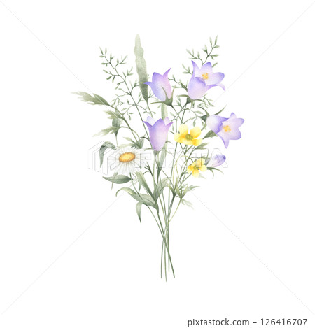 Bouquet of watercolor wildflowers bellflower, chamomile, buttercup and meadow grasses. Hand drawn isolated illustration of yellow and lilac flowers for invitation, postcard, print, fabric and sticker. Bouquet of watercolor wildflowers bellflower, chamomile, buttercup and meadow grasses. Hand drawn isolated illustration of yellow and lilac flowers for invitation, postcard, print, fabric and sticker. 126416707