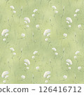 Watercolor wildflowers yarrow and field grasses. Seamless floral pattern on green background. Hand drawn illustration meadow white flowers and wild greenery for fabric print, textile and cards. 126416712
