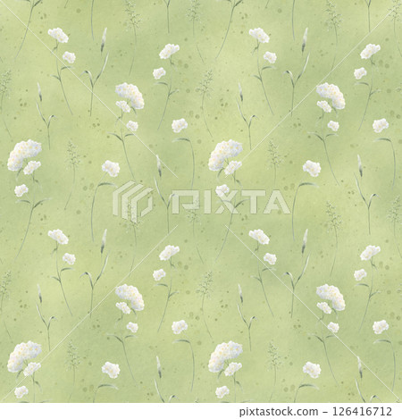 Watercolor wildflowers yarrow and field grasses. Seamless floral pattern on green background. Hand drawn illustration meadow white flowers and wild greenery for fabric print, textile and cards. Watercolor wildflowers yarrow and field grasses. Seamless floral pattern on green background. Hand drawn illustration meadow white flowers and wild greenery for fabric print, textile and cards. 126416712