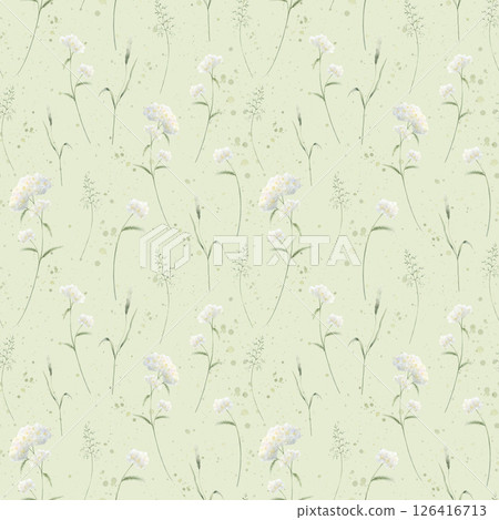 Watercolor wildflowers yarrow and field grasses. Seamless floral pattern on light green background. Hand drawn illustration meadow white flowers and wild greenery for fabric print, textile and cards. Watercolor wildflowers yarrow and field grasses. Seamless floral pattern on light green background. Hand drawn illustration meadow white flowers and wild greenery for fabric print, textile and cards. 126416713
