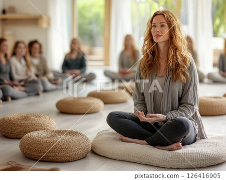 Woman meditating in group, yoga studio, others in lotus posture 126416905