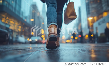 Woman walking city street, rain, urban background, commuter Woman walking city street, rain, urban background, commuter 126416908