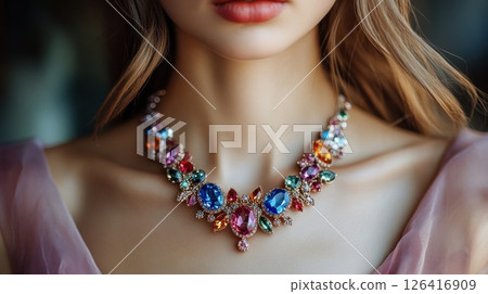Woman wearing colorful gemstone necklace, close-up, blurred background Woman wearing colorful gemstone necklace, close-up, blurred background 126416909