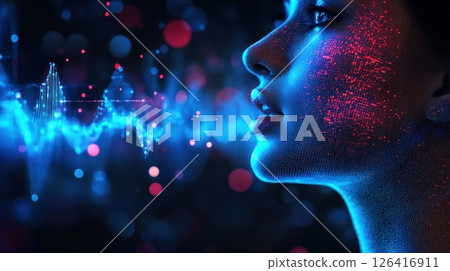 Woman's face, illuminated with data overlay, voice recognition technology, dark background 126416911
