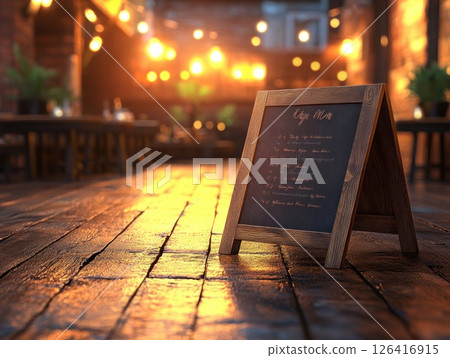 Wooden menu board in a trendy outdoor restaurant 126416915